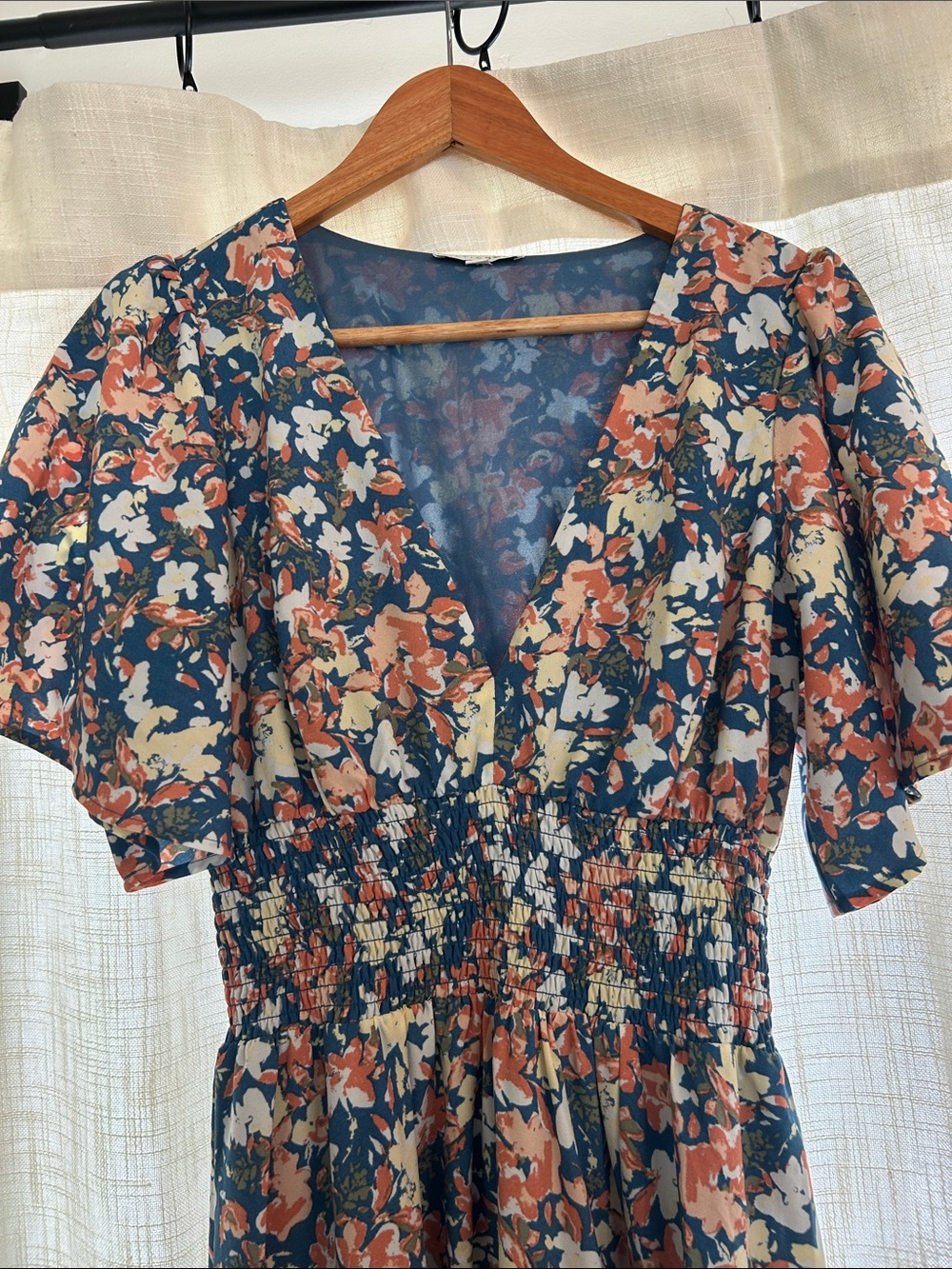 Baltic Born Verona Smocked Maxi Dress Navy and Rust Floral Flutter Sleeve - Picture 3 of 3